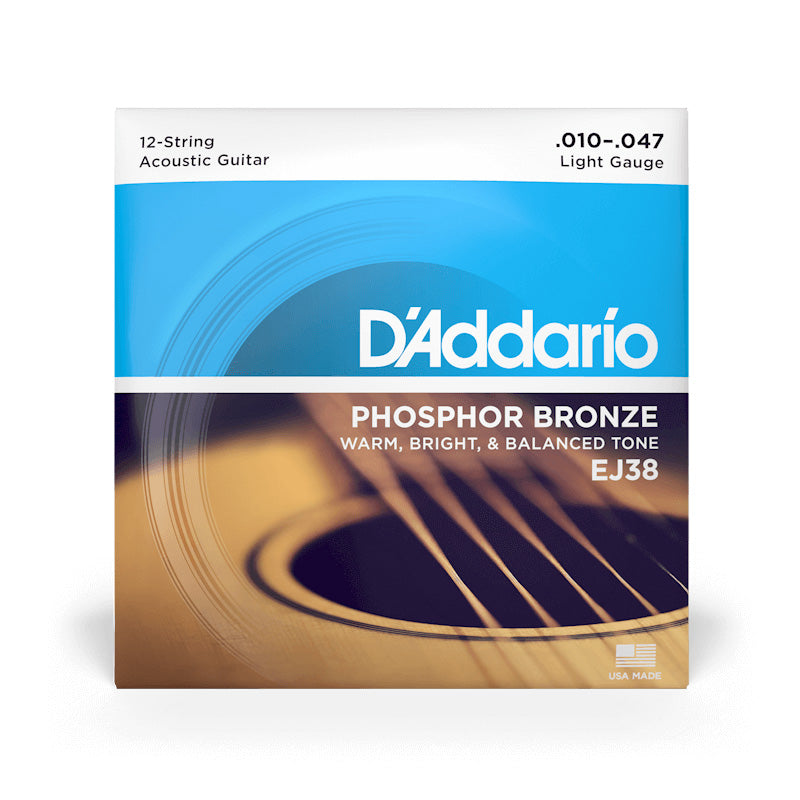 D'Addario EJ38 12-String Acoustic Guitar Strings – Phosphor Bronze Light 10-47